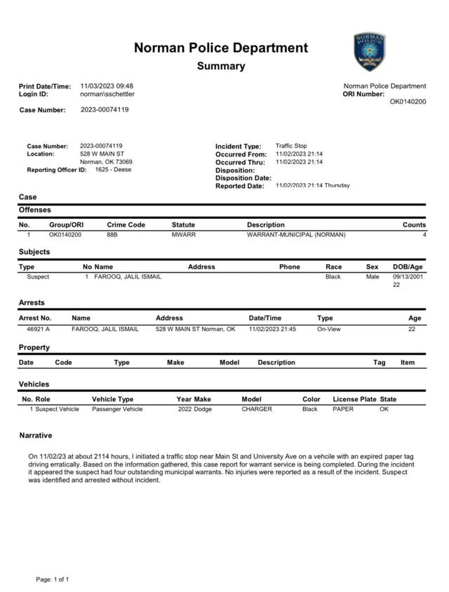 OU receiver Jalil Farooq arrested Thursday Sports