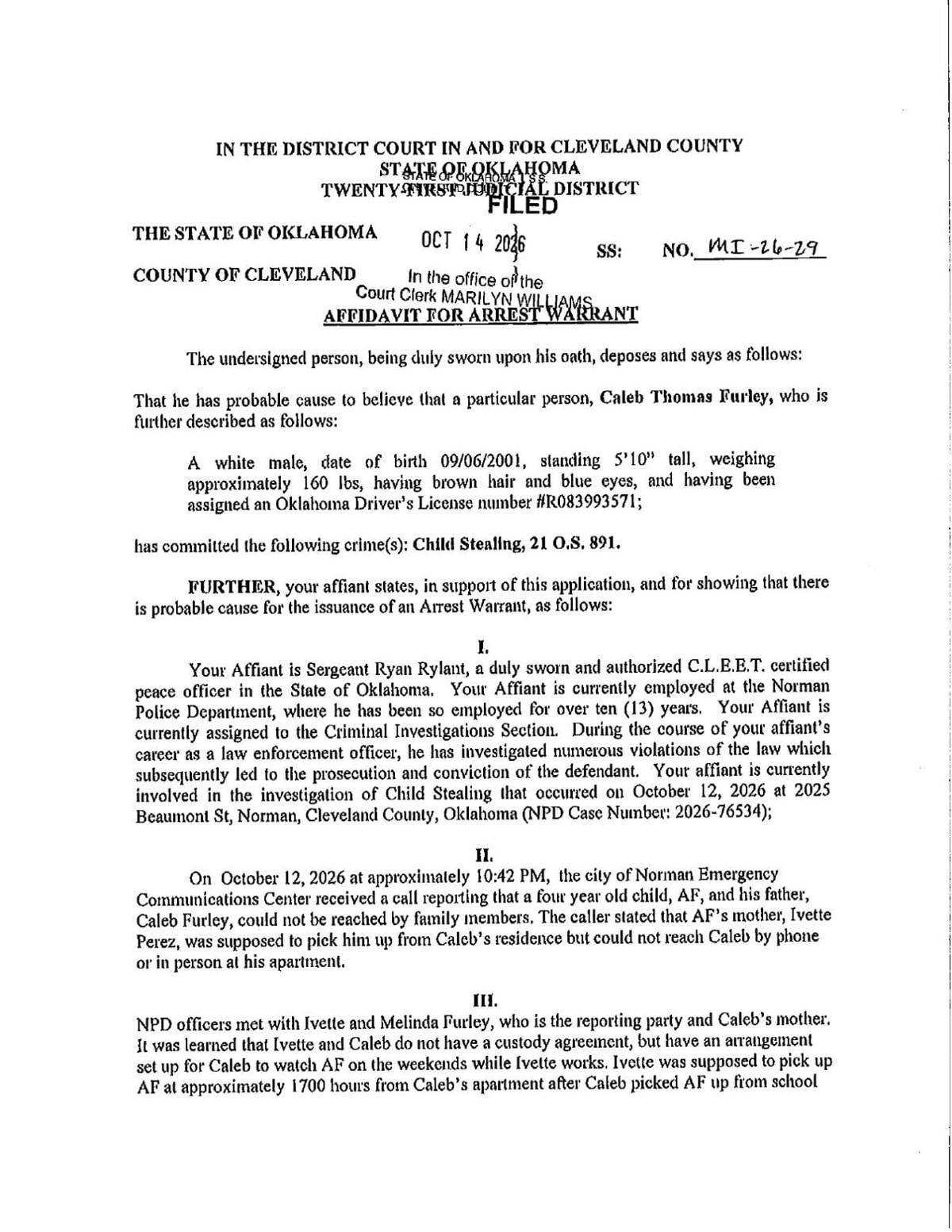 Caleb Furley arrest affidavit