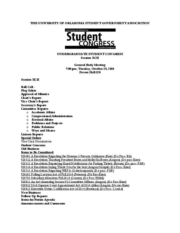 Student Congress Agenda 10-28-14