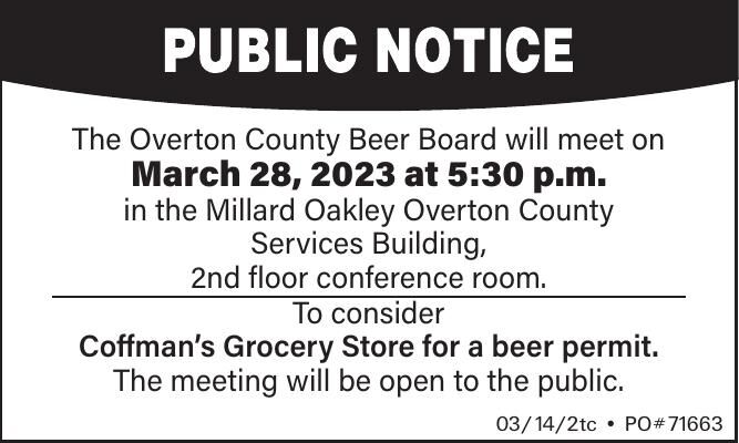 The Overton County Beer Board will meet on