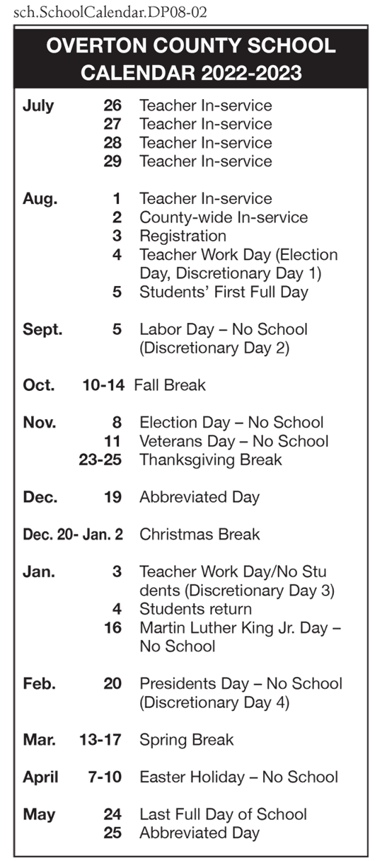 OVERTON COUNTY SCHOOL CALENDAR 20222023 Schools