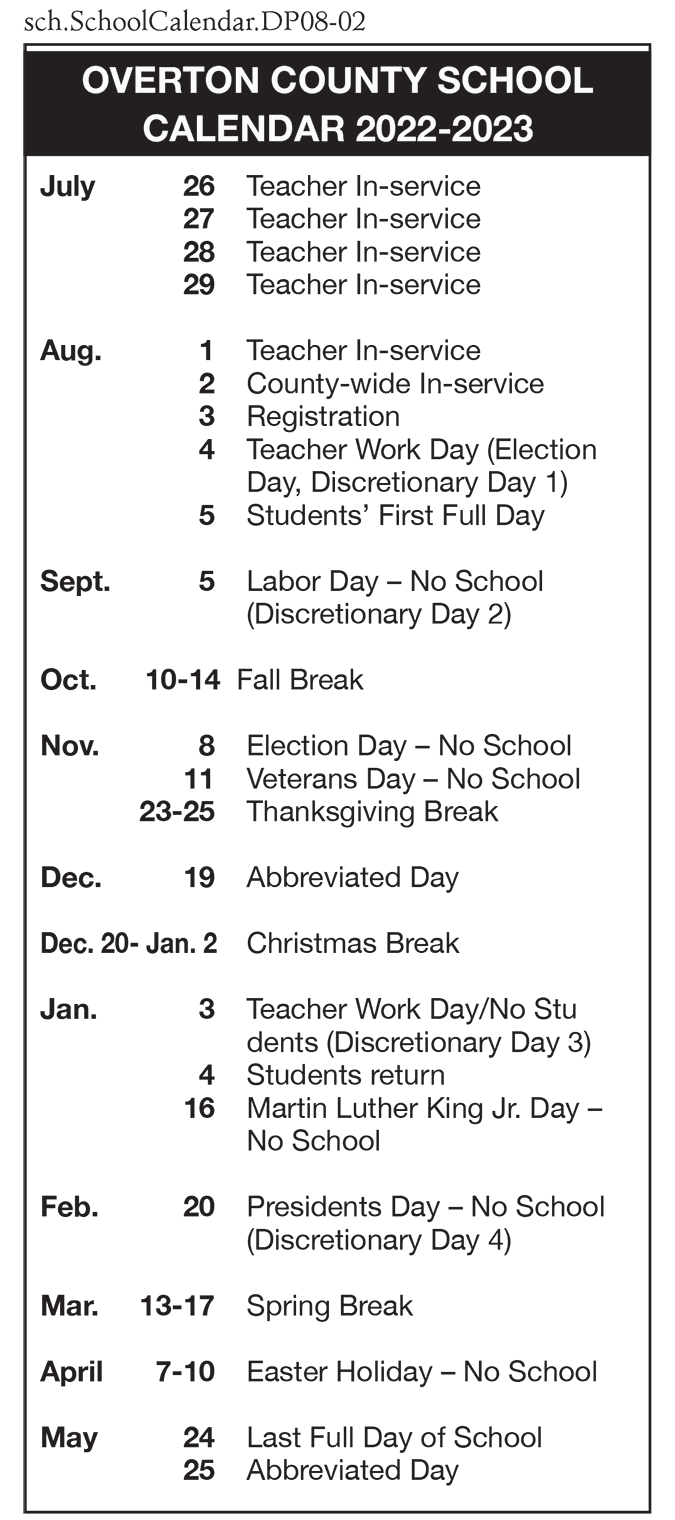 OVERTON COUNTY SCHOOL CALENDAR 2022 2023 Schools overtoncountynews com OVERTON COUNTY SCHOOL CALENDAR 2022 2023 Schools overtoncountynews com