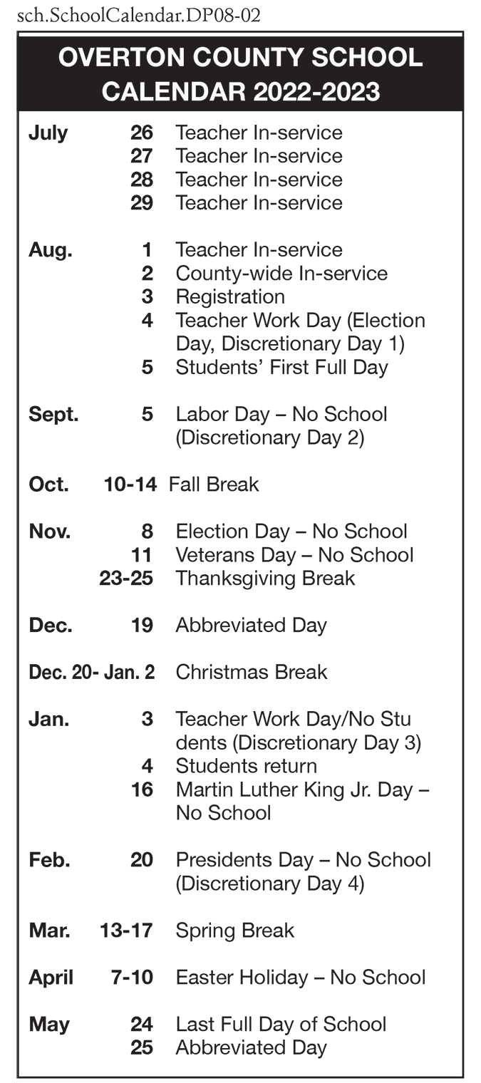 OVERTON COUNTY SCHOOL CALENDAR 2022-2023 | Schools | overtoncountynews.com