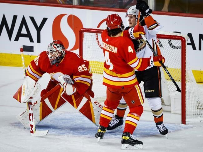 Rasmus Andersson making a point on the Calgary Flames first power play unit