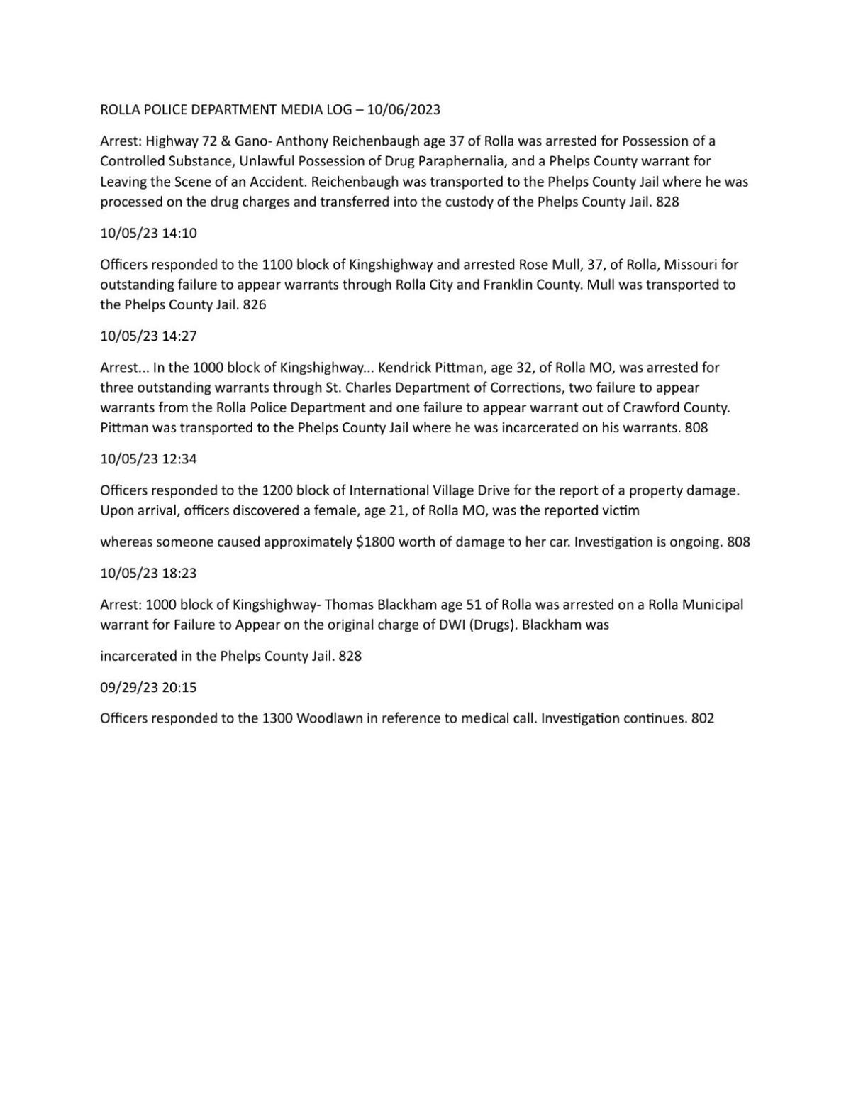 ROLLA POLICE DEPARTMENT MEDIA LOG 10/06/2023