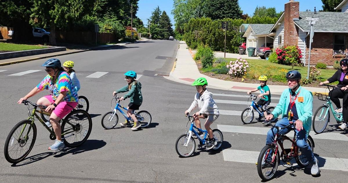 Elementary students learn the bicycle rules of the road