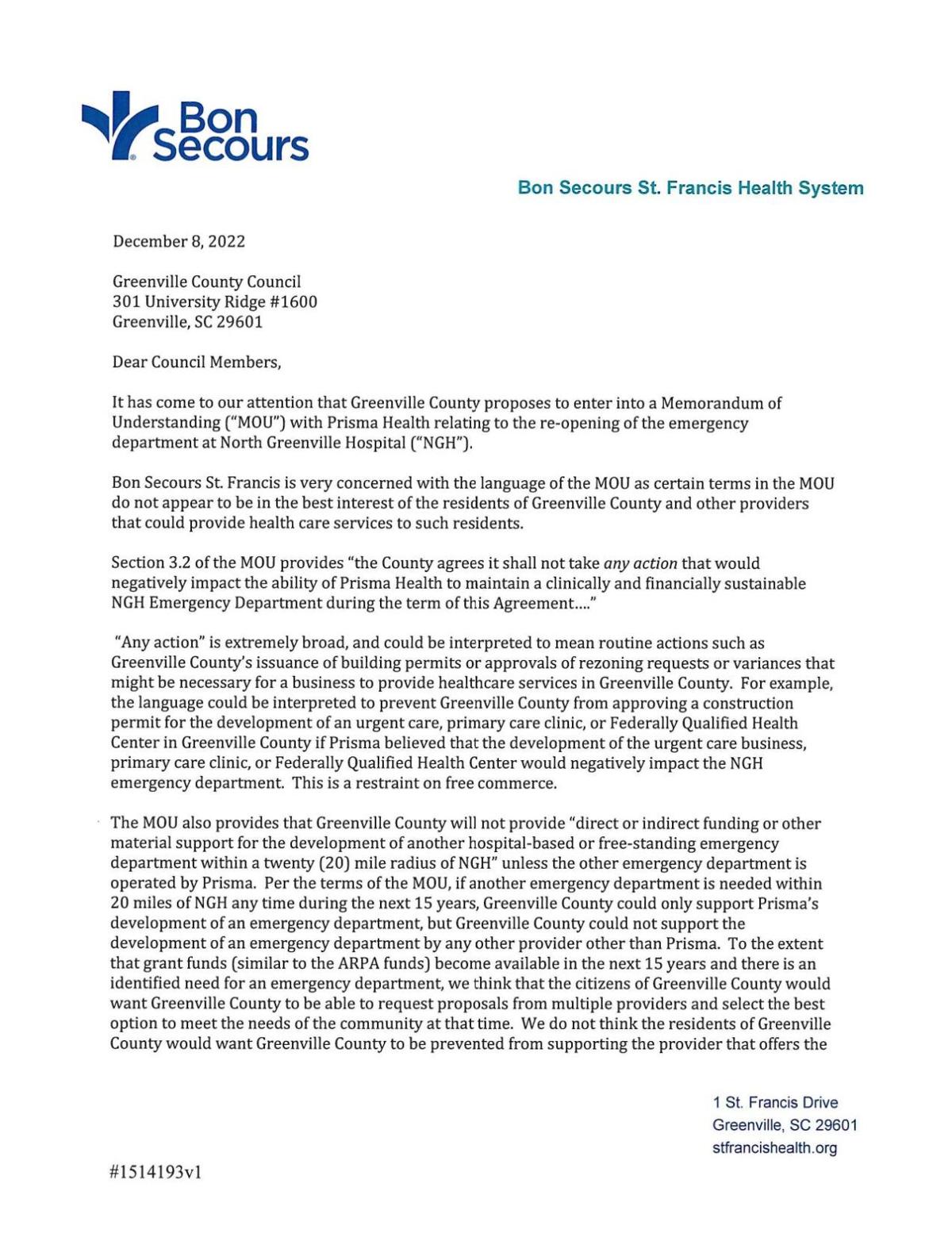 Bon Secours Health System Letter to Greenville County Council