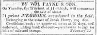 William Payne auction ad February 26, 1816
