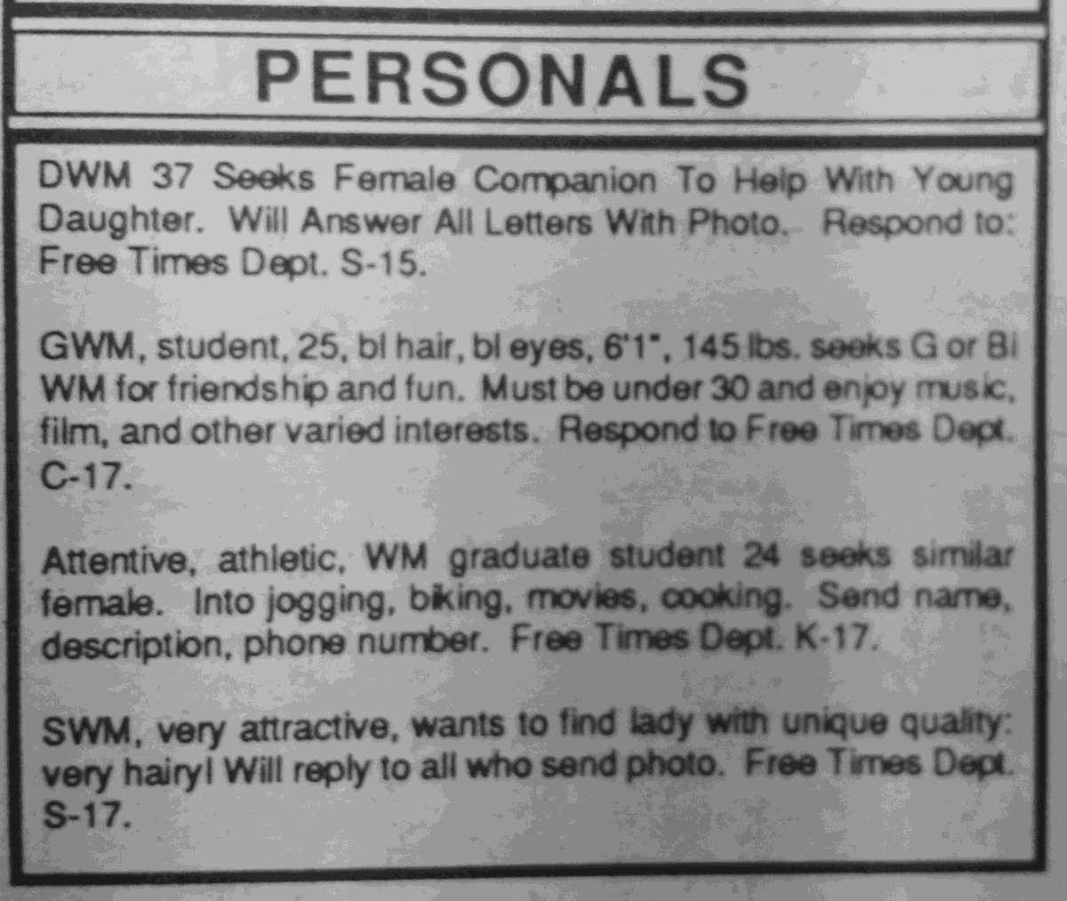 1987 Free Times Personals