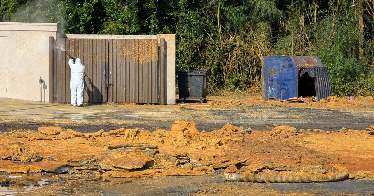 A truck exploded outside a Denny's in Spartanburg. Chemical foam cleanup was ongoing the next day.
