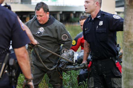Teen crashes over bridge.