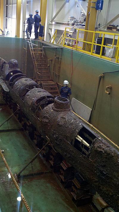 New view of Hunley submarine after truss removed
