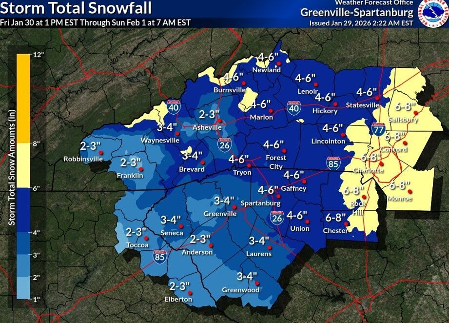 Snow up to 6 inches may fall in Greenville SC, Spartanburg