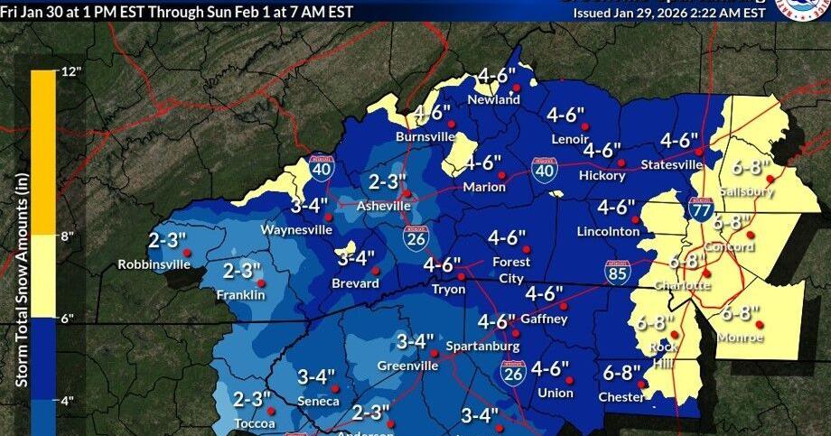 ‘Significant’ snow up to 6 inches may fall in the Upstate this weekend, weather service says