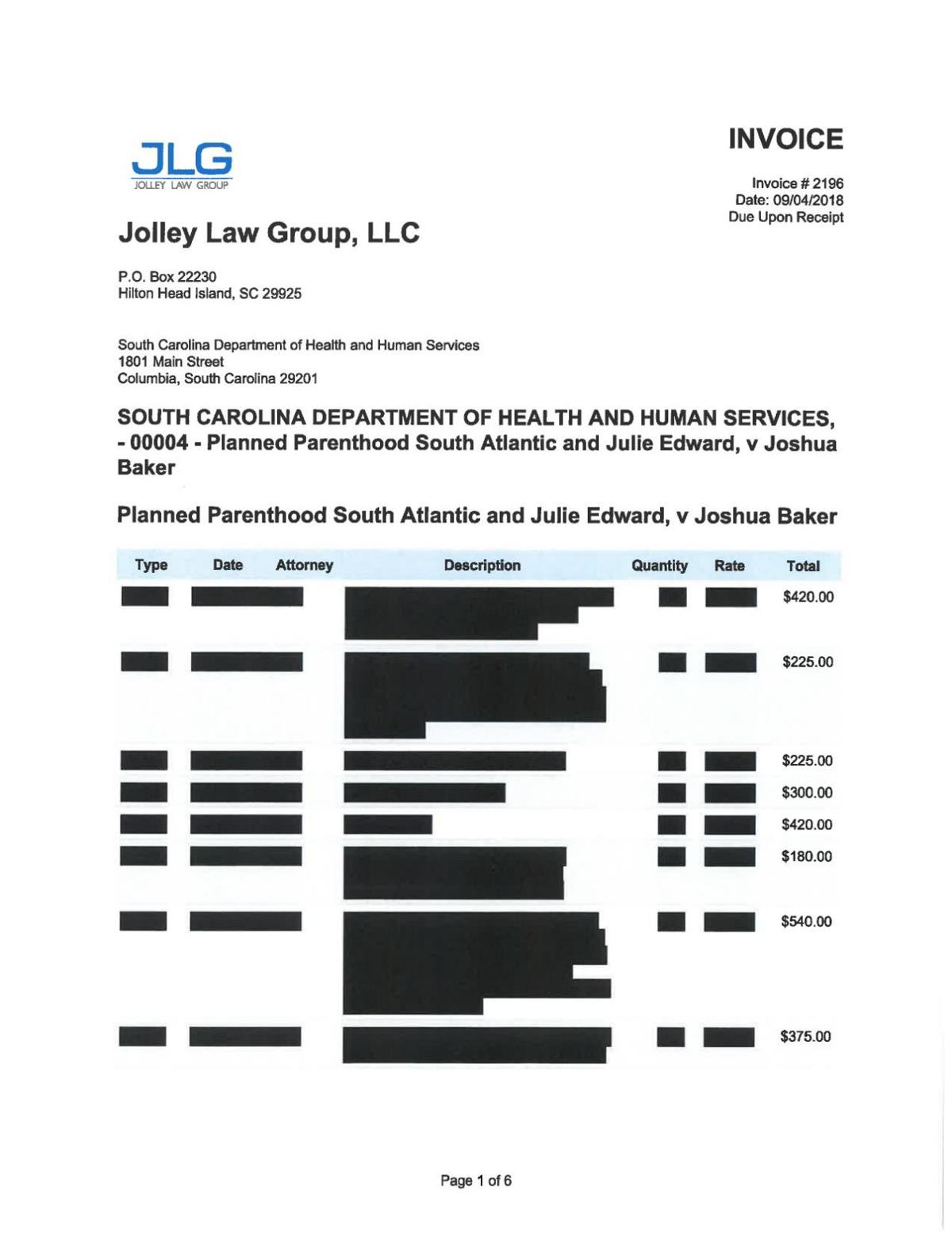 Jolley Law Group S Legal Invoice For Planned Parenthood Lawsuit Postandcourier Com