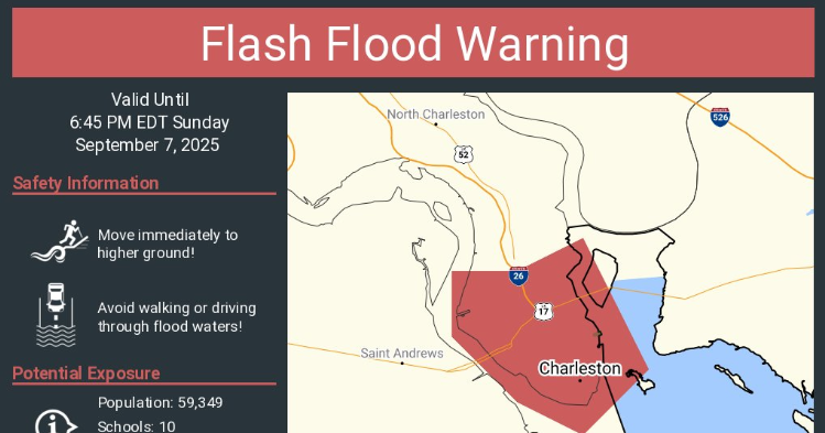 Thunderstorms bring flash flood warning to Charleston