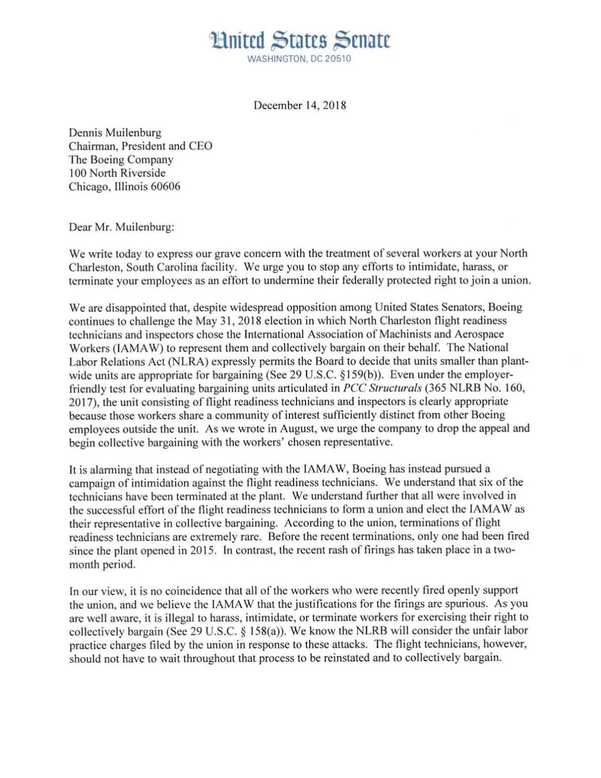 Sens. Brown and Sanders letter to Boeing's Muilenburg