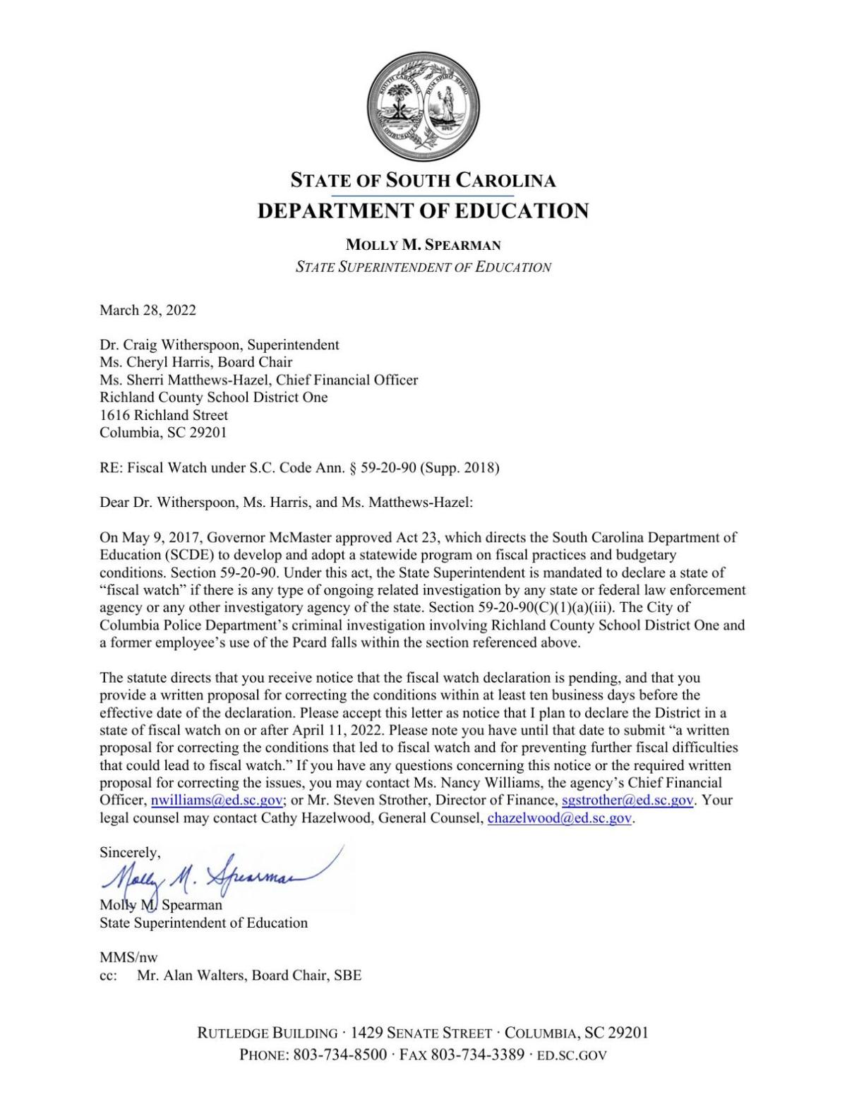 Department of Education's March 28 "fiscal watch" letter to Richland One.