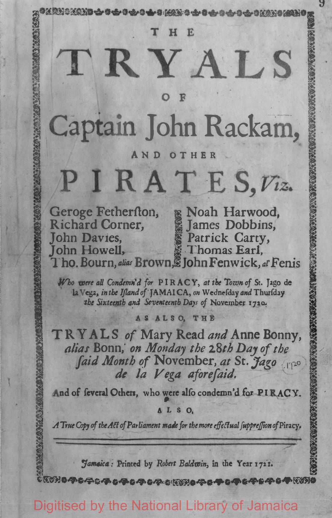 The Tryals of Captain John Rackam, and Other Pirates
