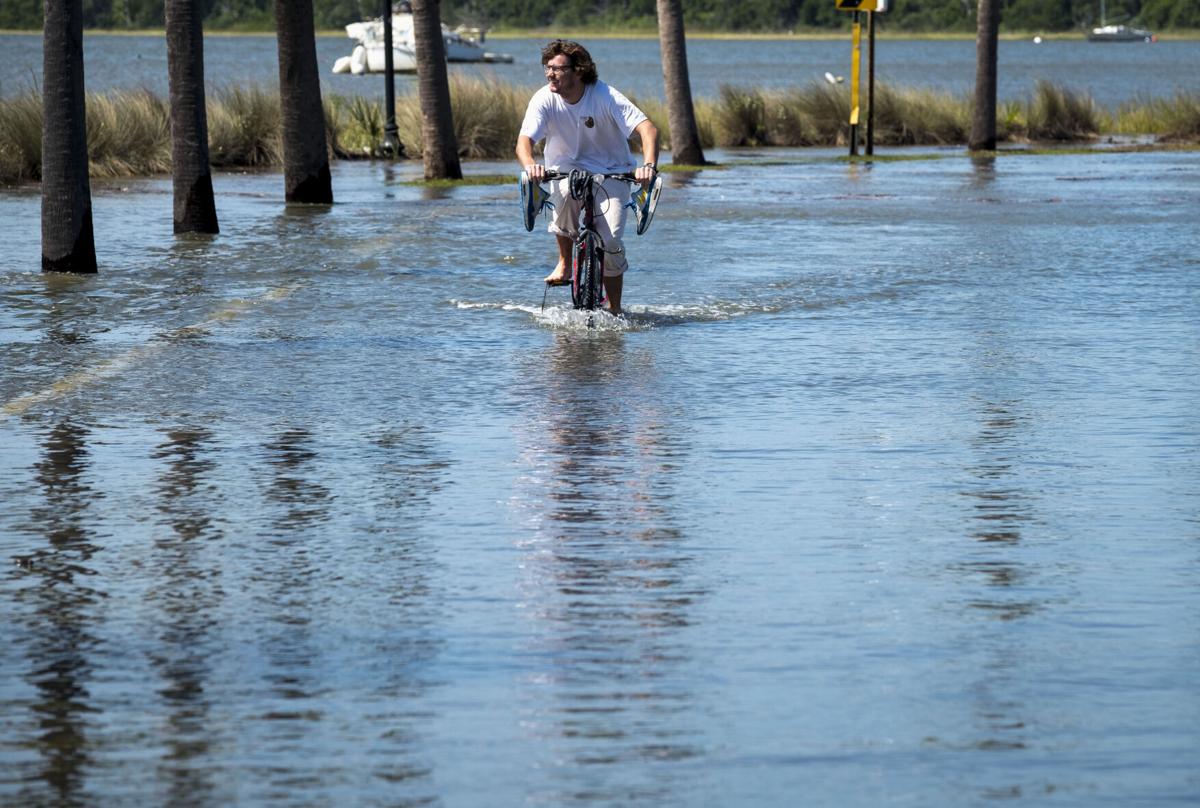 PRINT A cyclist on flooded Lockwood Boulevard Monday.