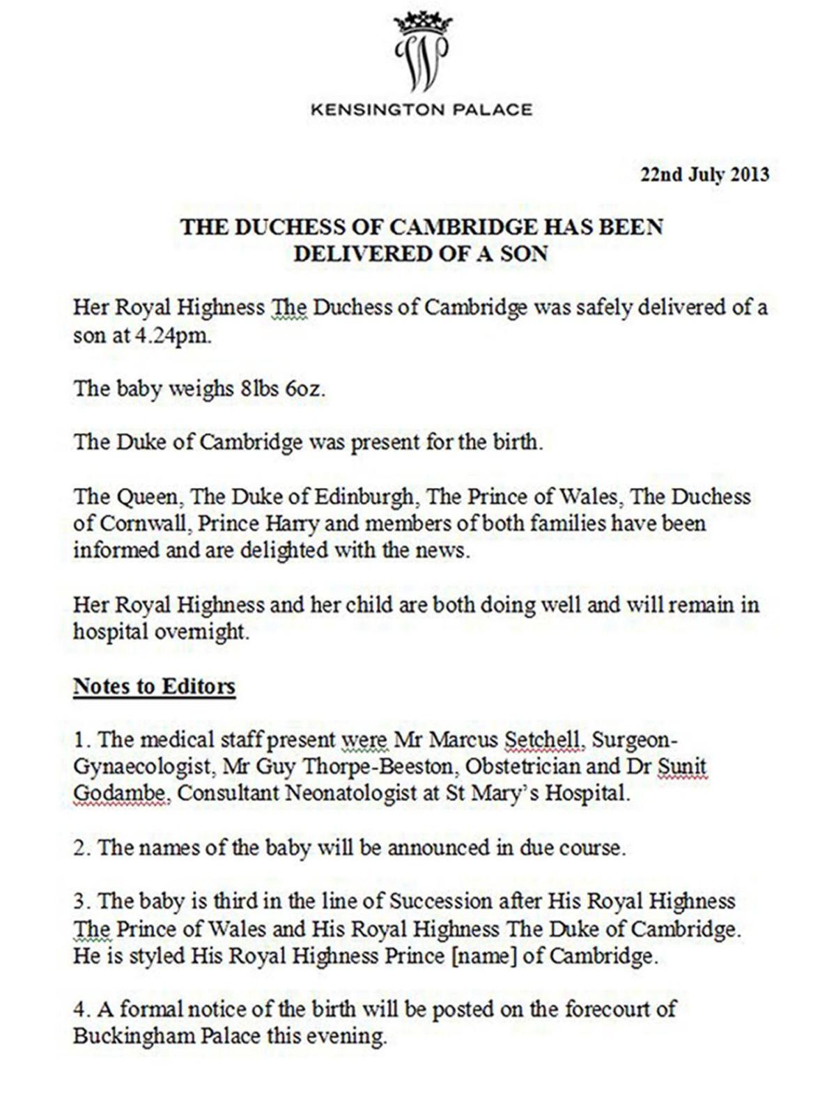 Arrival of royal baby