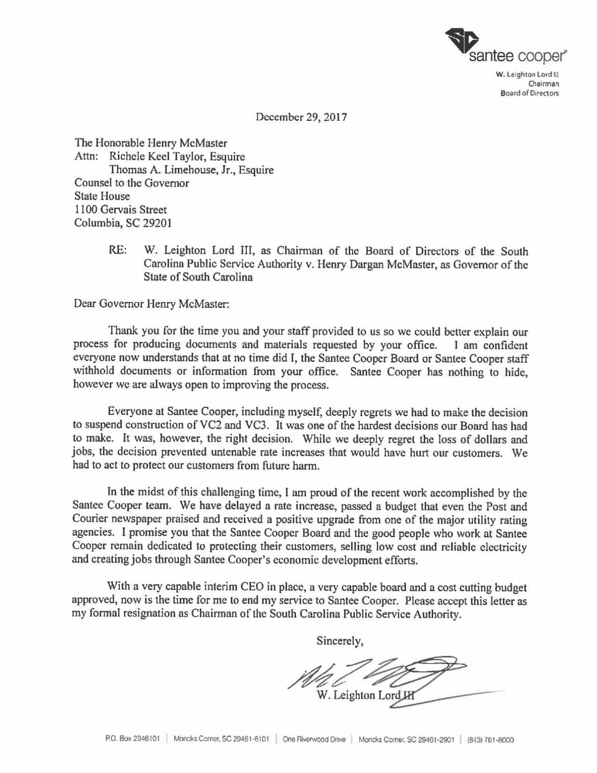 Leighton Lord Resignation Letter Postandcourier Com Leighton Lord Resignation Letter