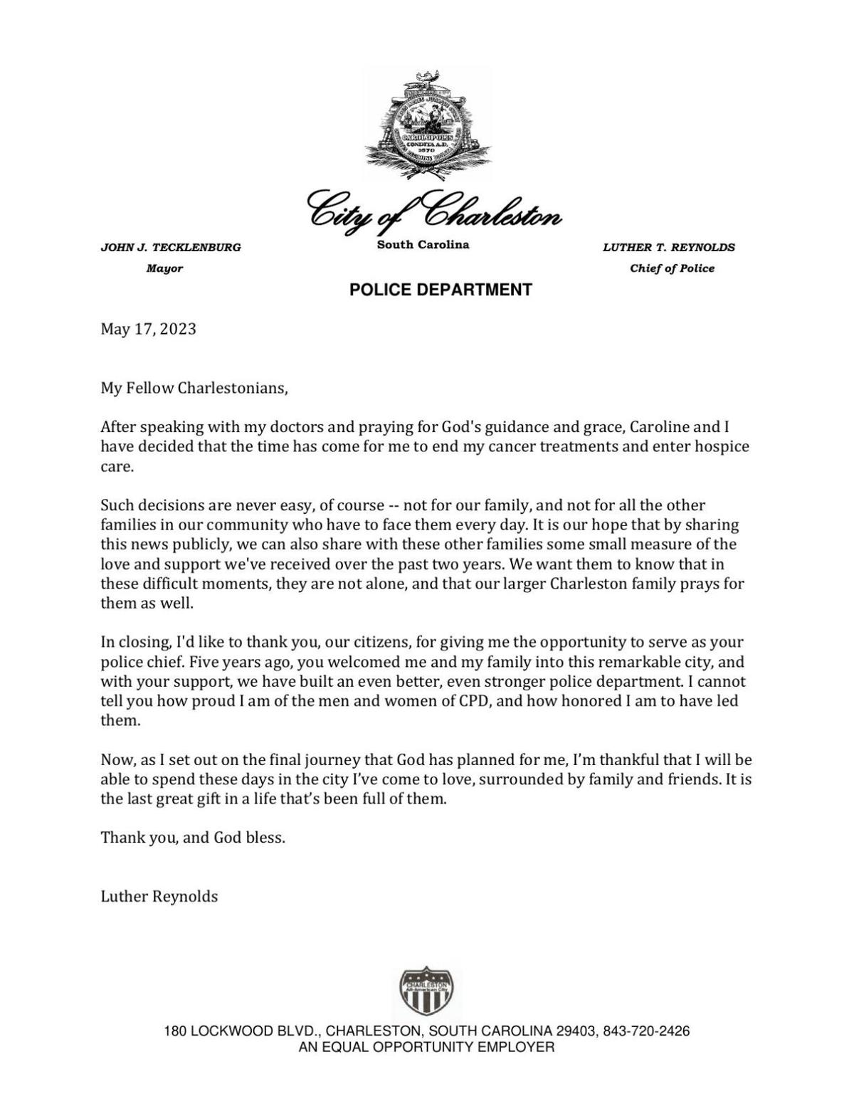 An open letter from Charleston Police Chief Luther Reynolds