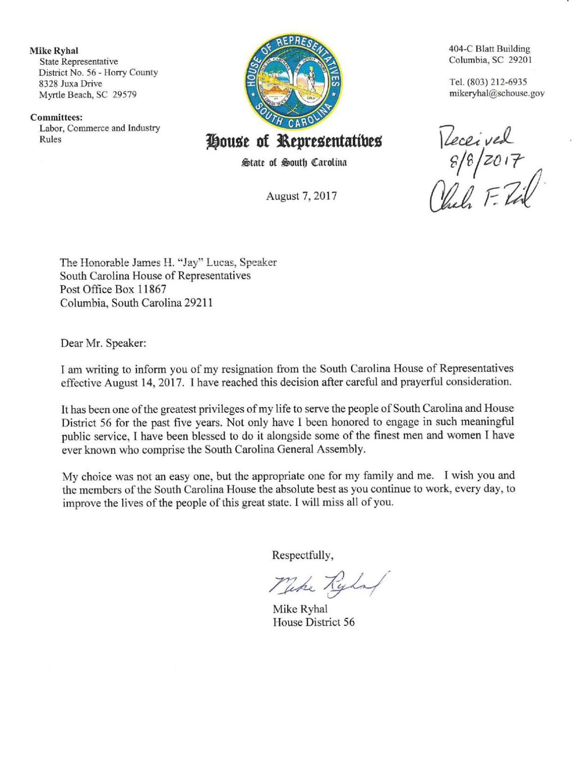 S C Rep Mike Ryhal Resignation Letter Postandcourier Com