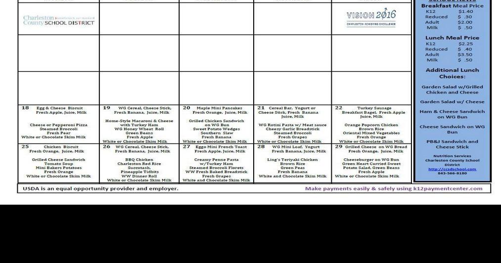 Lunch Menu: High School August 2014 | Community News | postandcourier.com