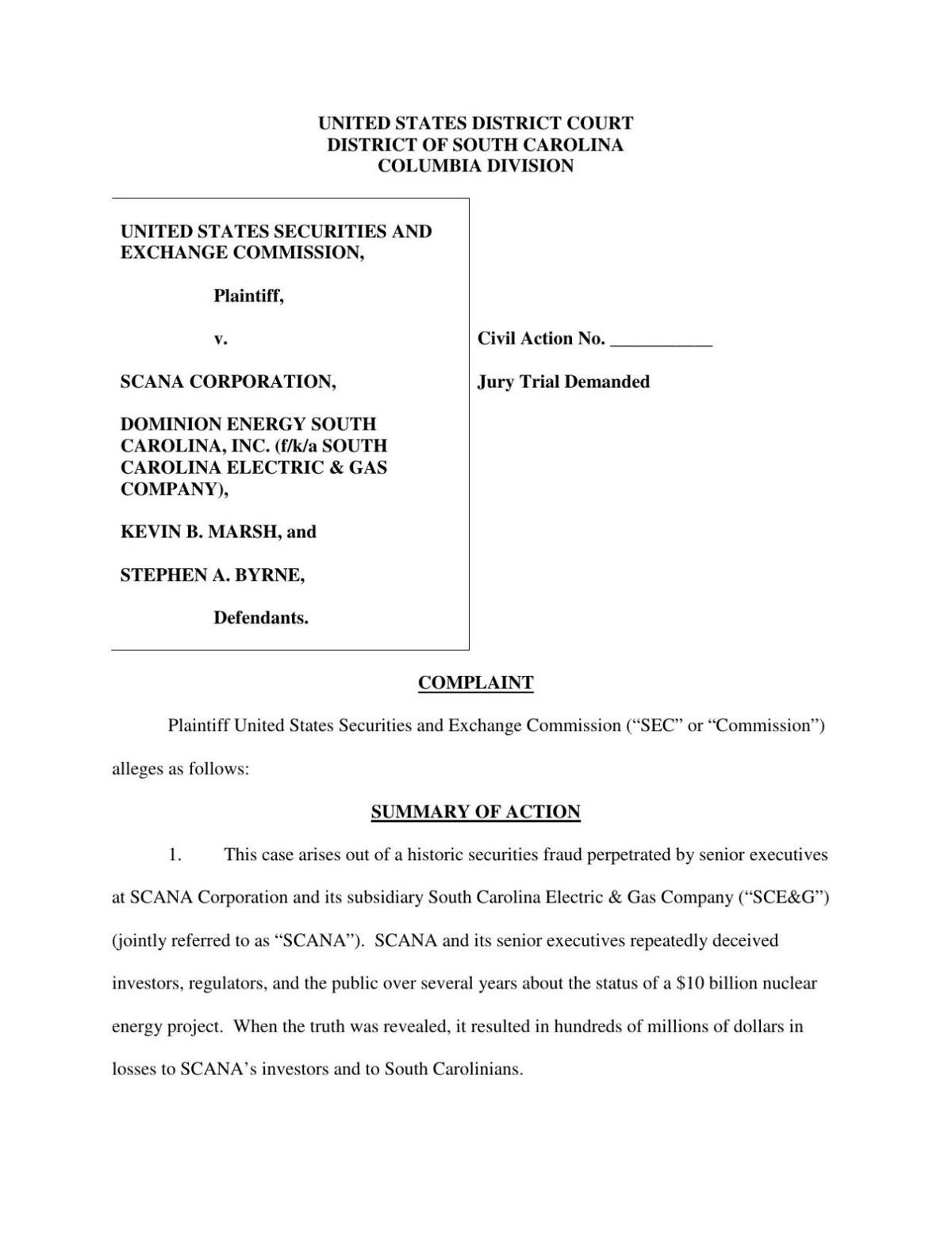 SEC lawsuit against SCANA, former executives