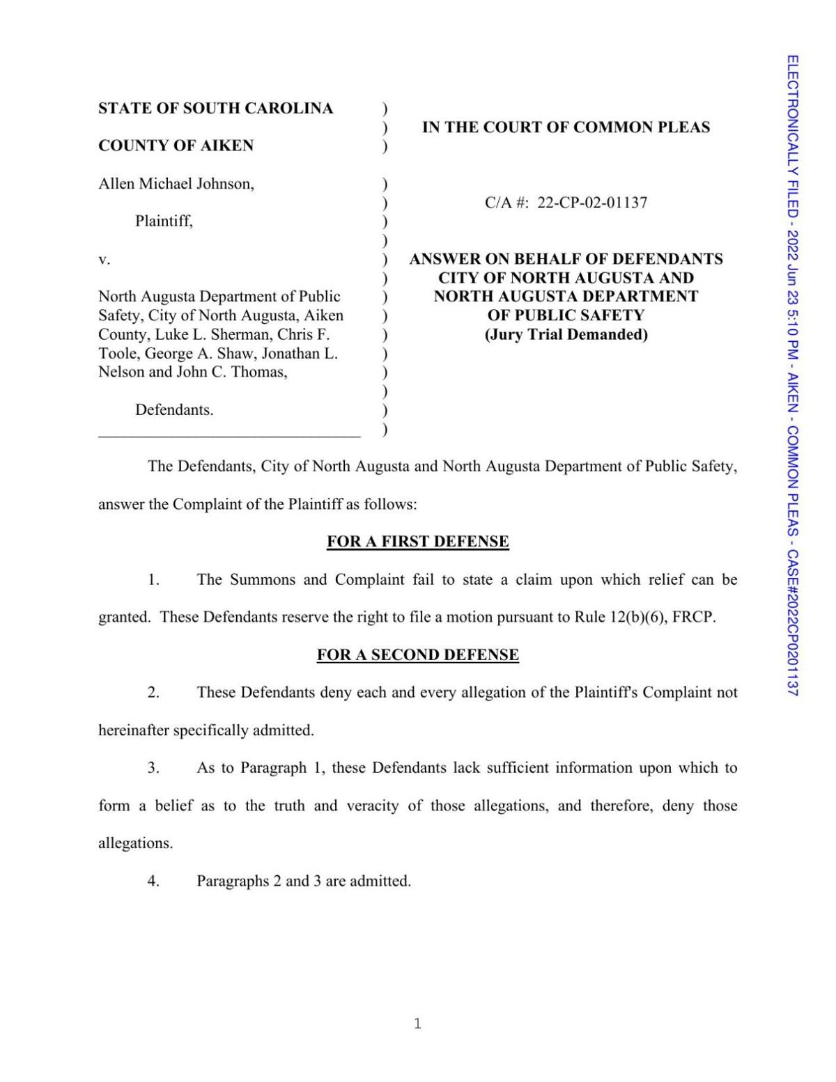 Defendants' response to Johnson lawsuit