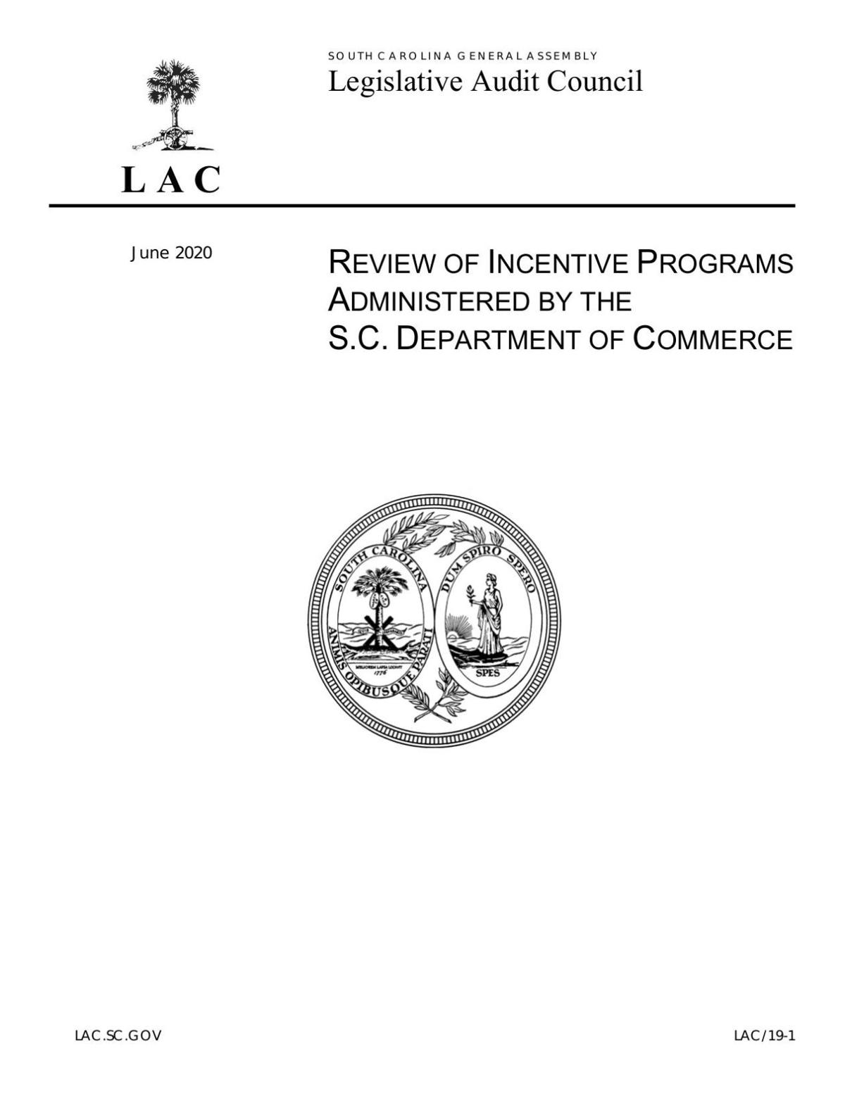Legislative Audit Council report on Department of Commerce business incentives