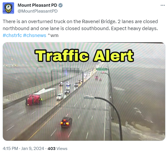 Overturned truck reported on Arthur Ravenel Jr. Bridge