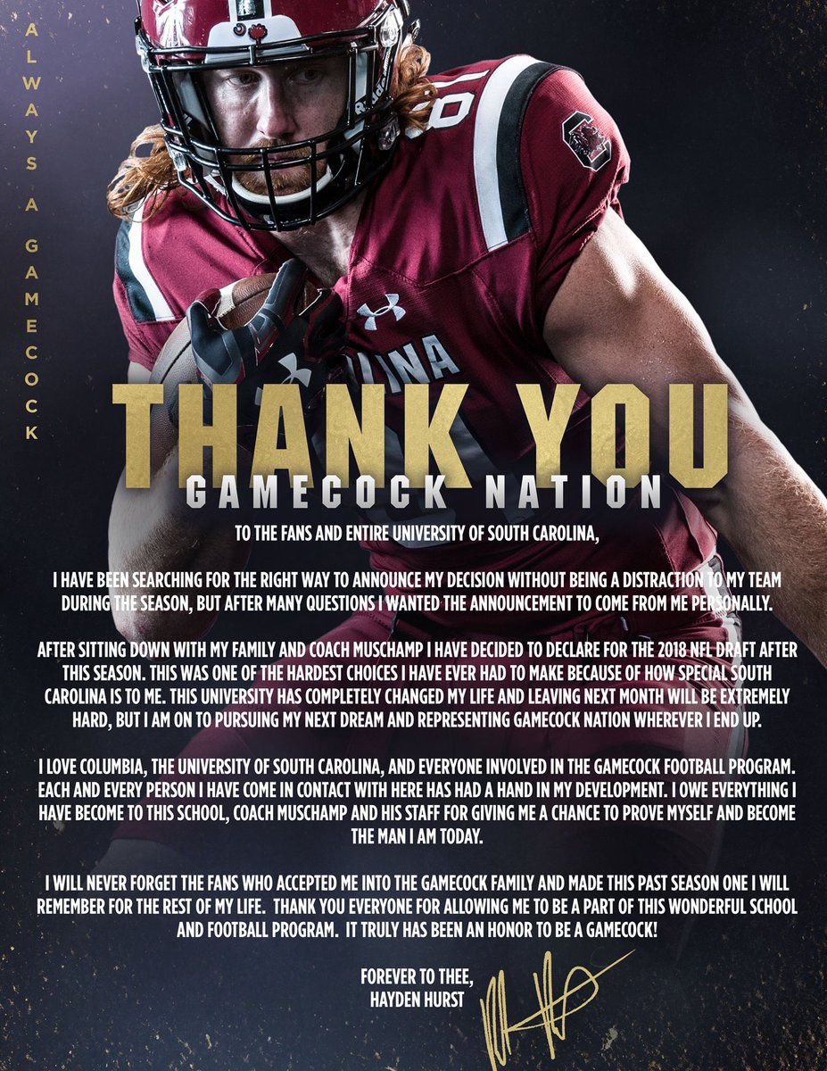 South Carolina Gamecock TE Hayden Hurst on Mackey watch list