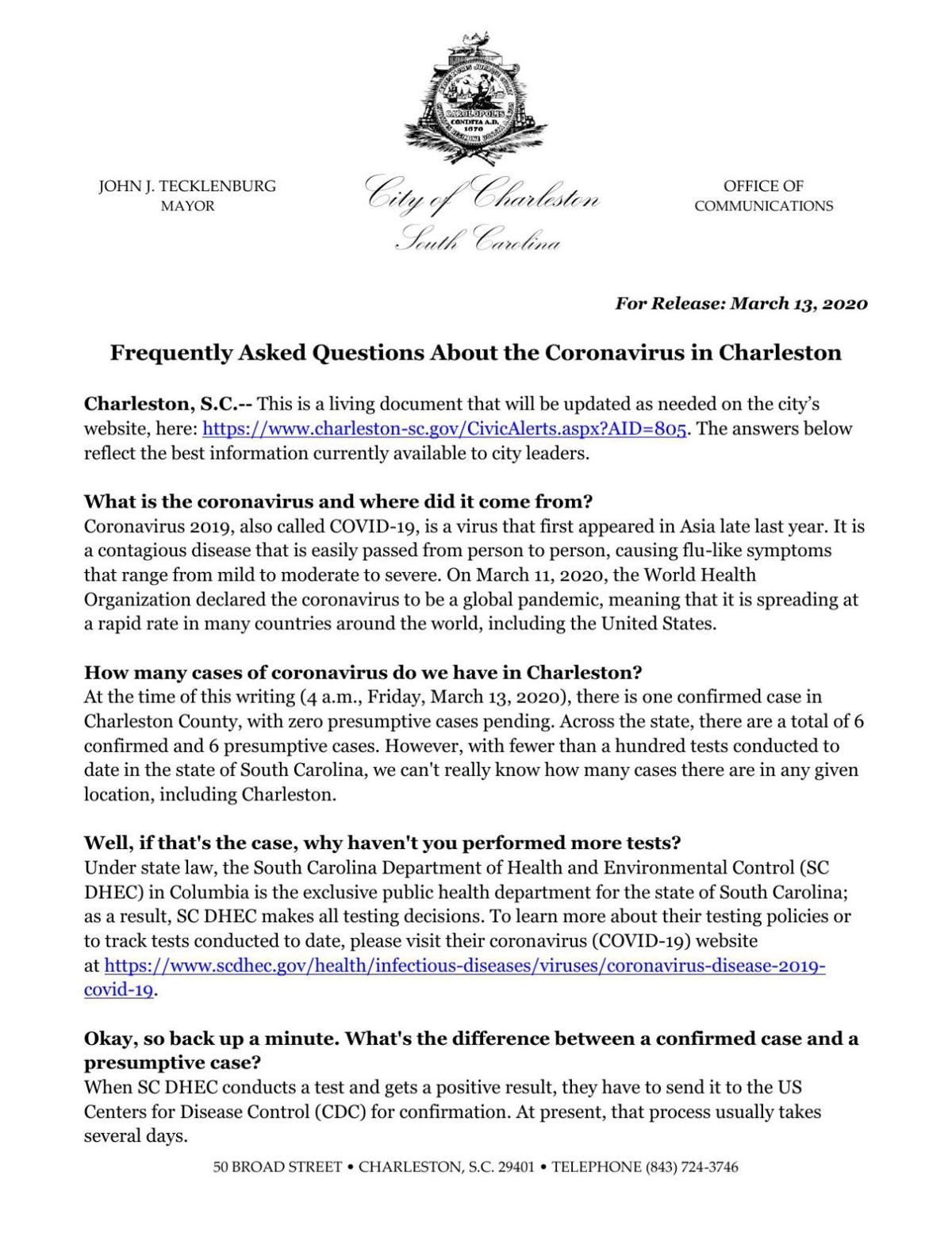 City Of Charleston Coronavirus Faq Postandcourier Com