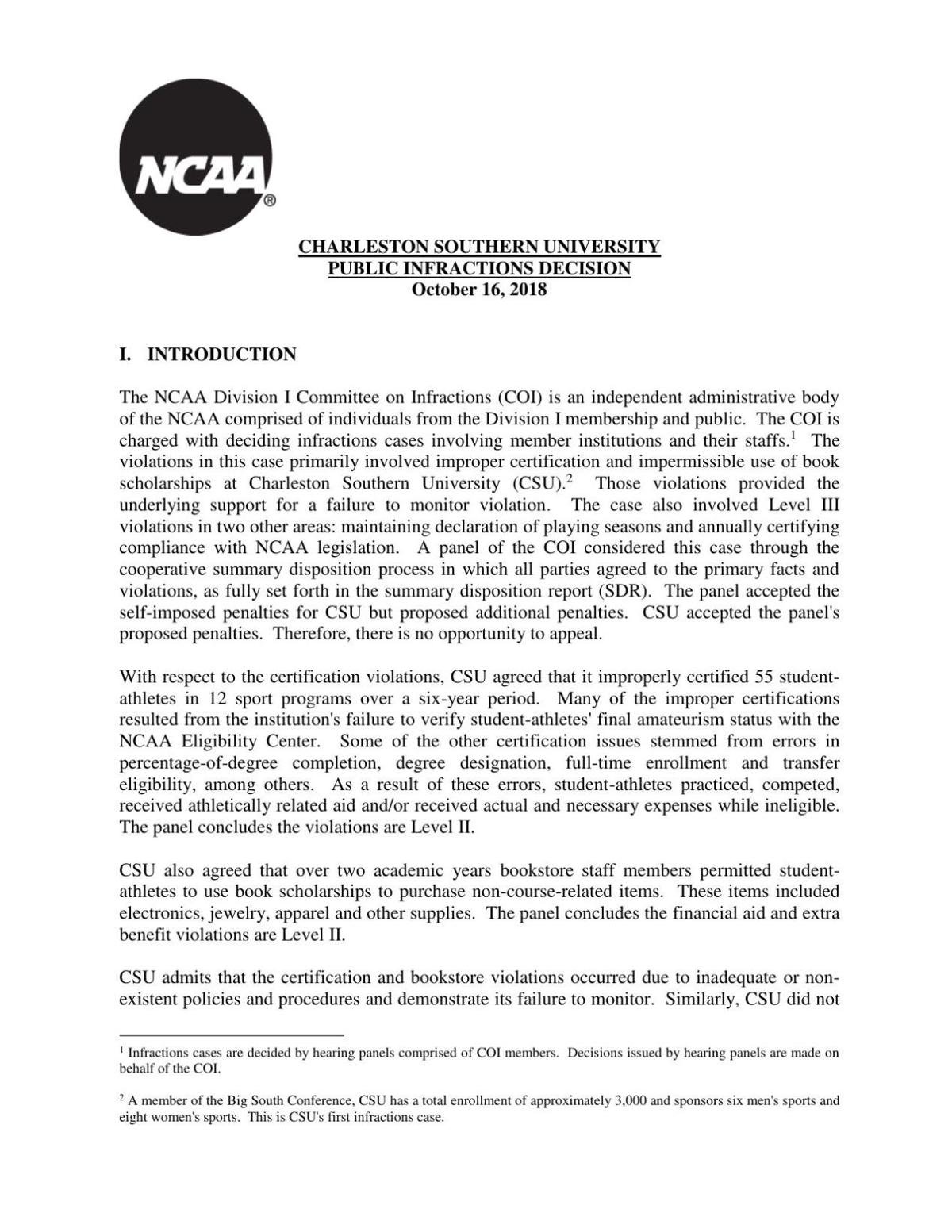 ncaa hits charleston southern with probation loss of recommendation letter scholarship