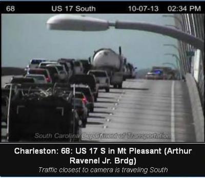 Traffic backed up on southbound lanes of Ravenel Bridge