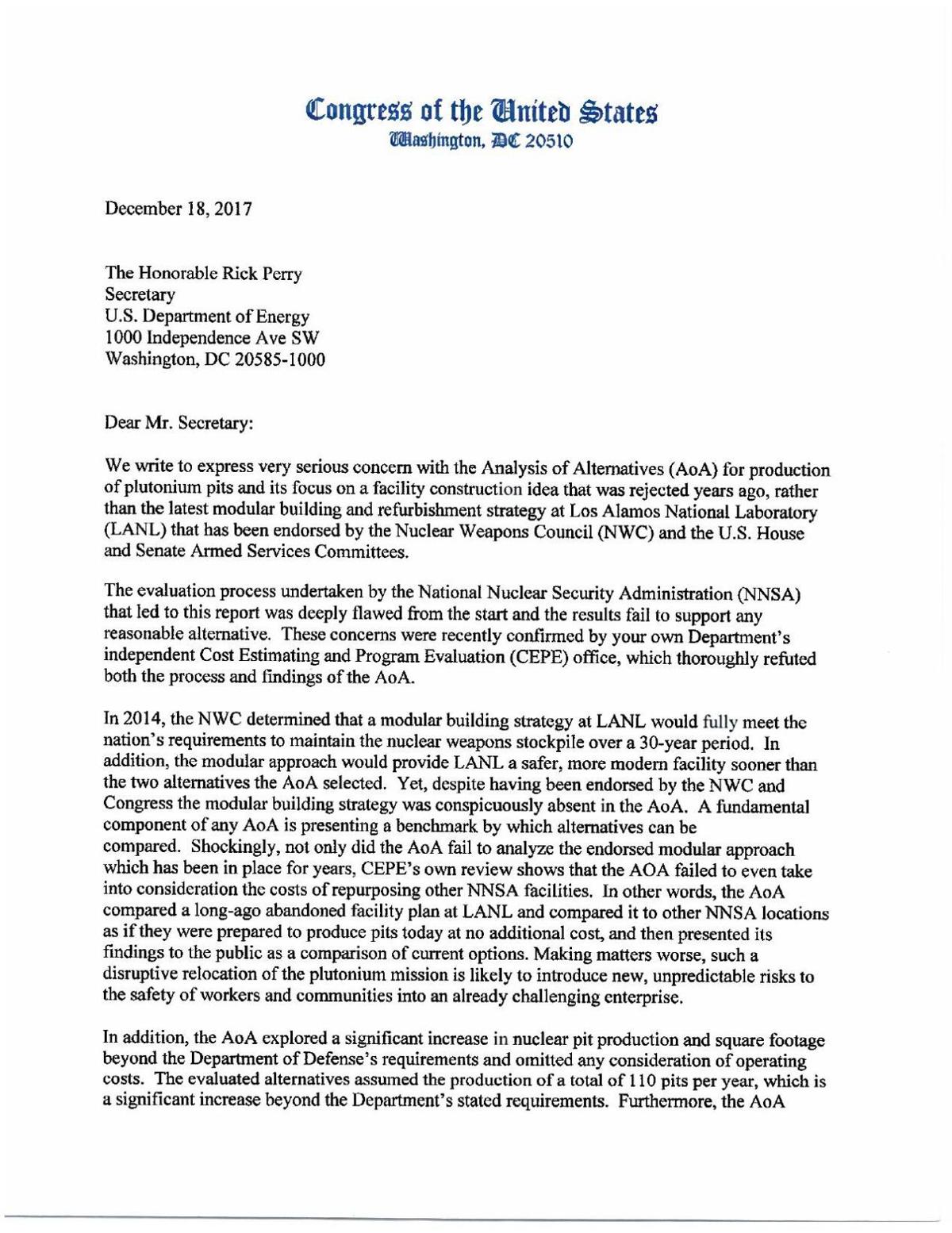 Letter to DOE Secretary Rick Perry