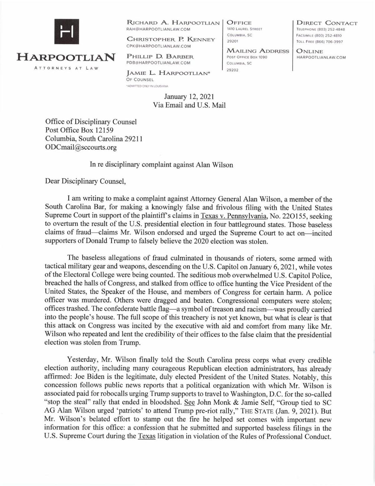 Full text of the complaint against Attorney General Alan Wilson to the Office of Disciplinary Counsel