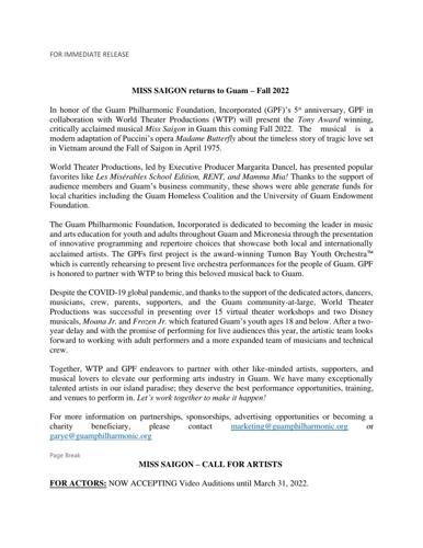 The Guam Philharmonic Foundation announces Miss Saigon casting call