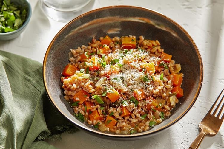 Farro risotto with squash is where festive, cozy and tasty meet