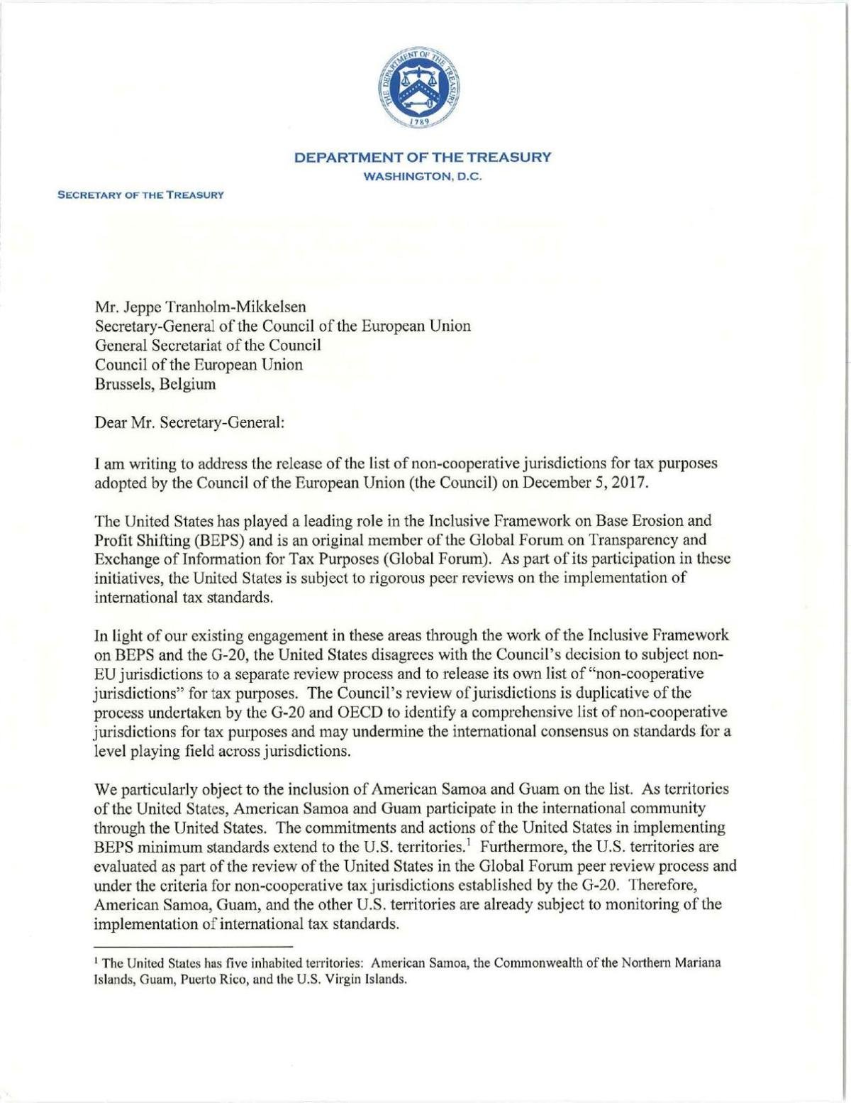 Letter from U.S. Treasury Secretary Steven Mnuchin to EU Secretary