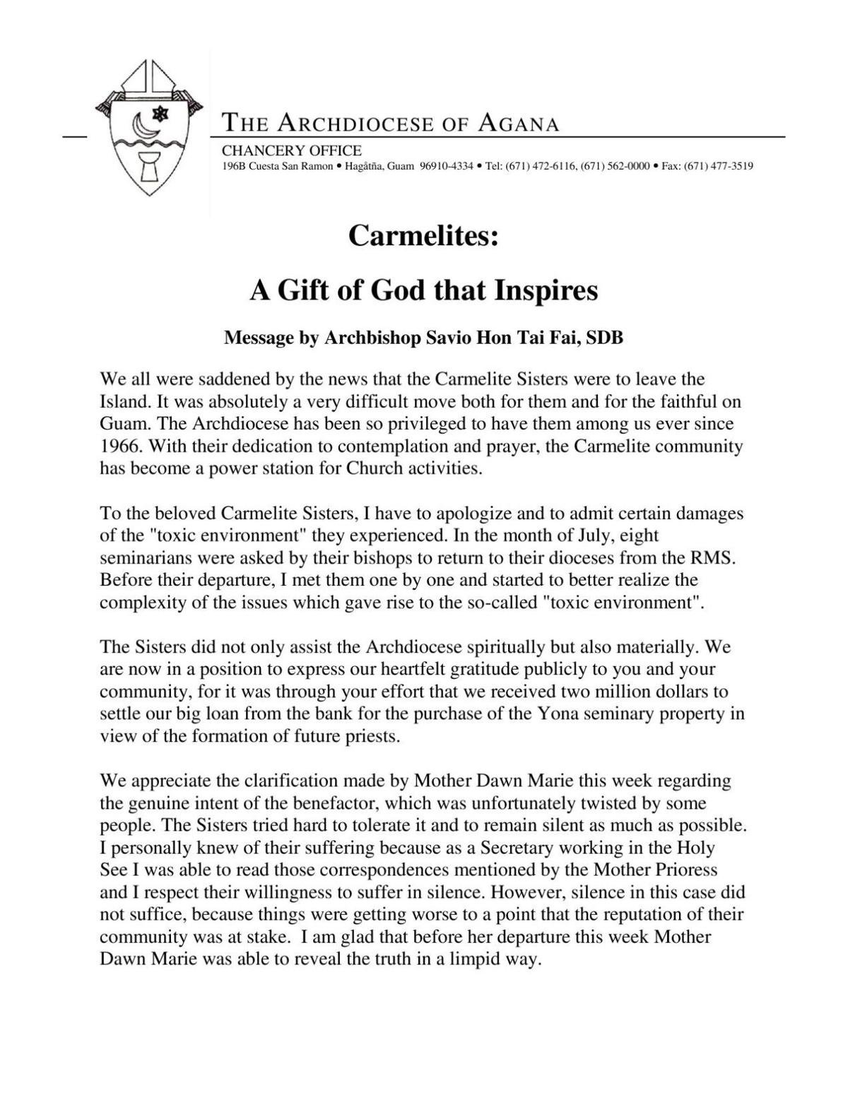 Message From Archbishop Savio Hon Tai Fai Guam News Postguam Com
