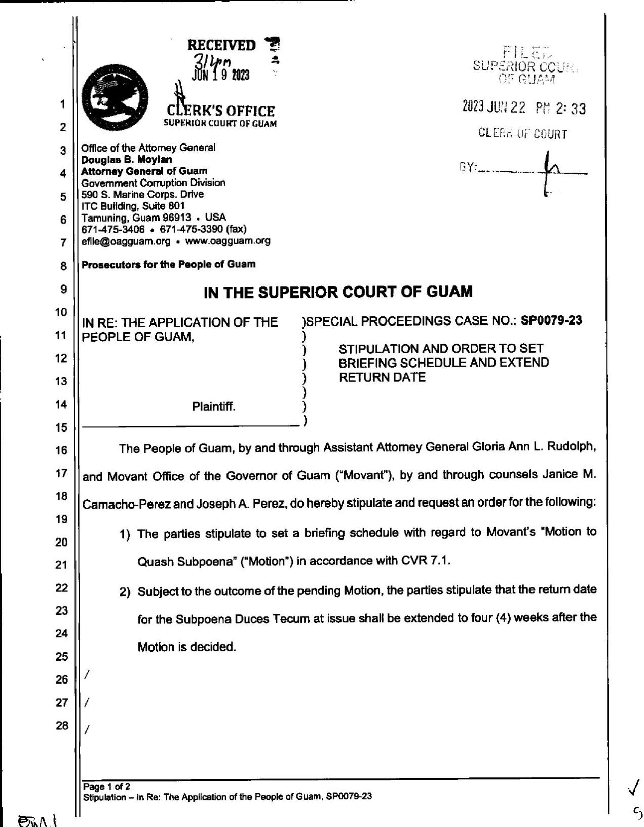 OAG subpoena to the Office of the Governor - Stipulation and Order to Set  Briefing Schedule and Extend Return Date.pdf | Guam News | postguam.com