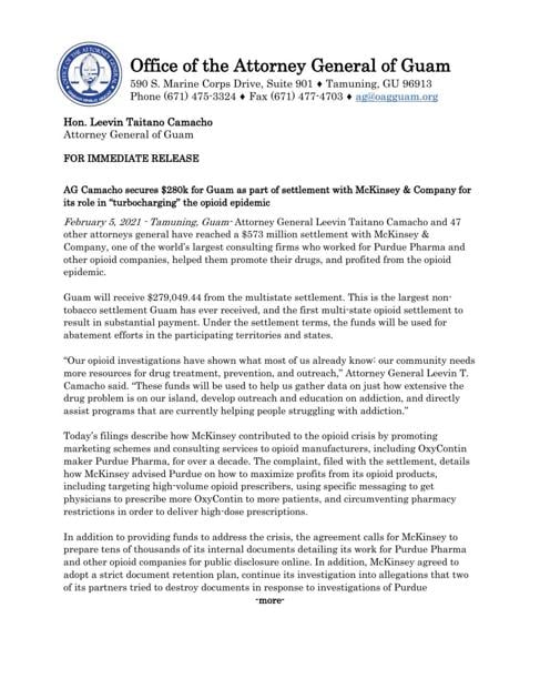 Guam to receive 0K from opioid settlement