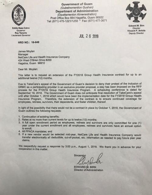 Doa Letter Requesting Extension Of Current Health Insurance Plans Guam News Postguam Com