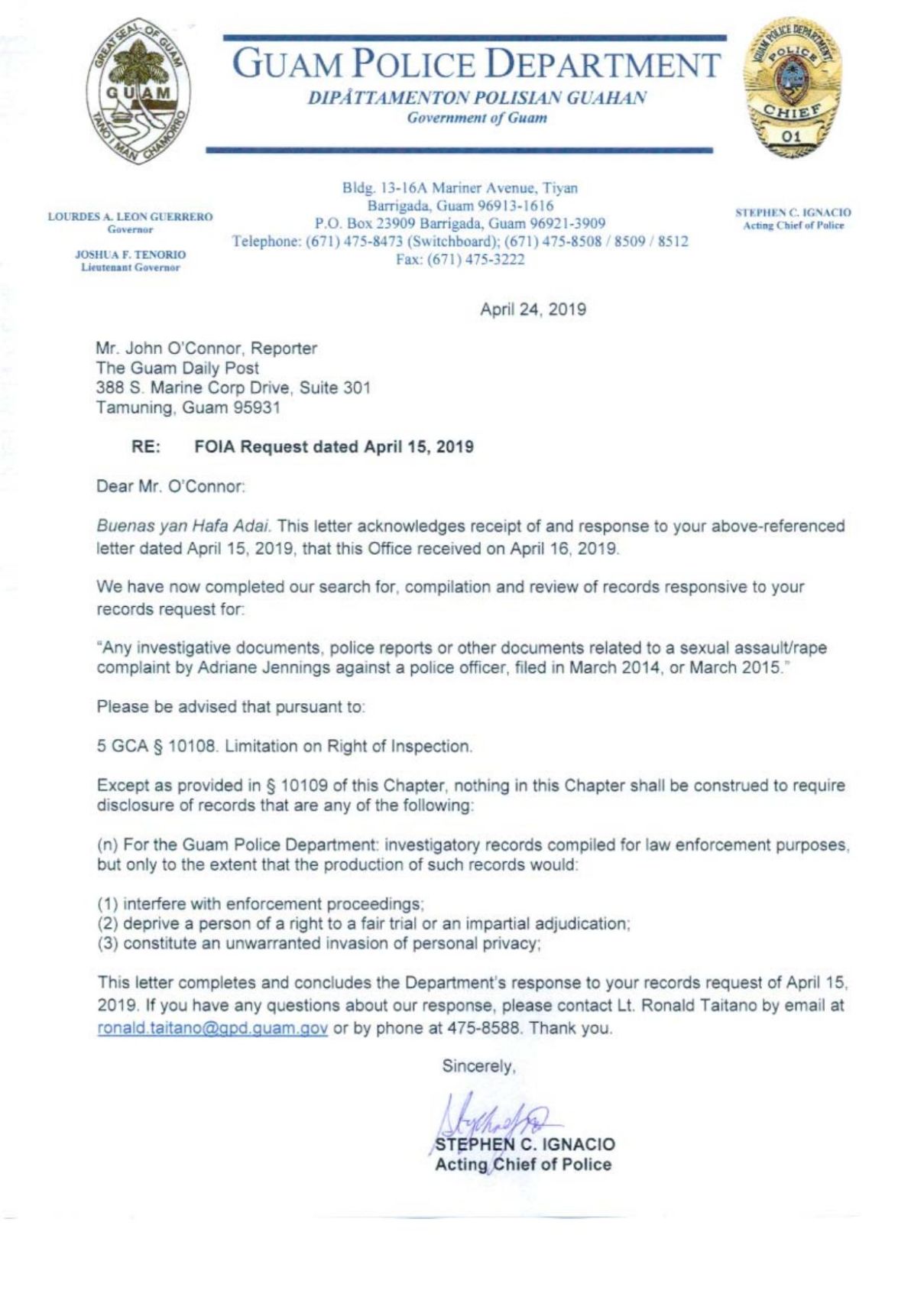Police response to FOIA request Guam News