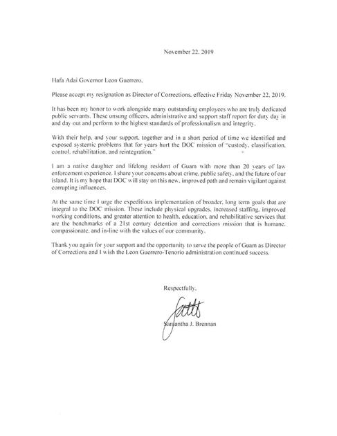 Brennan Resignation Letter Guam News Postguam Com