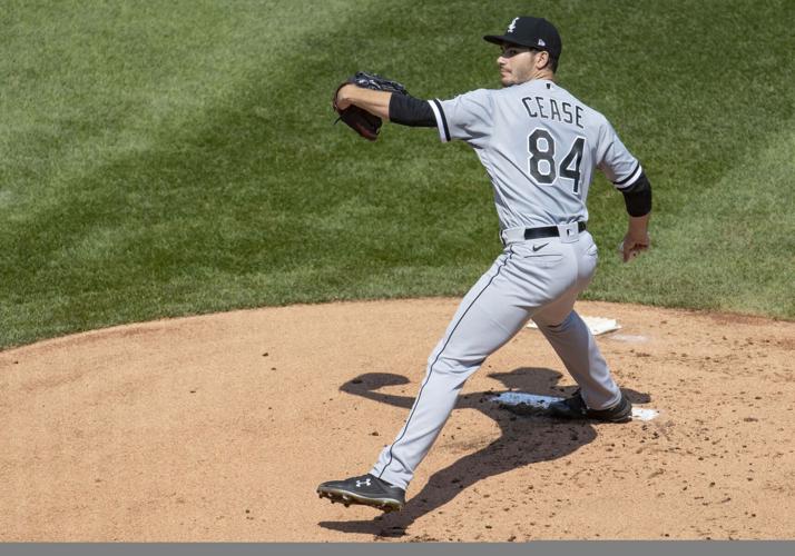 Chicago White Sox starting pitcher Dylan Cease works during the first  inning of the second game in a double header against the Detroit Tigers on  Thursday April 29, 2021 in Chicago. (Photo