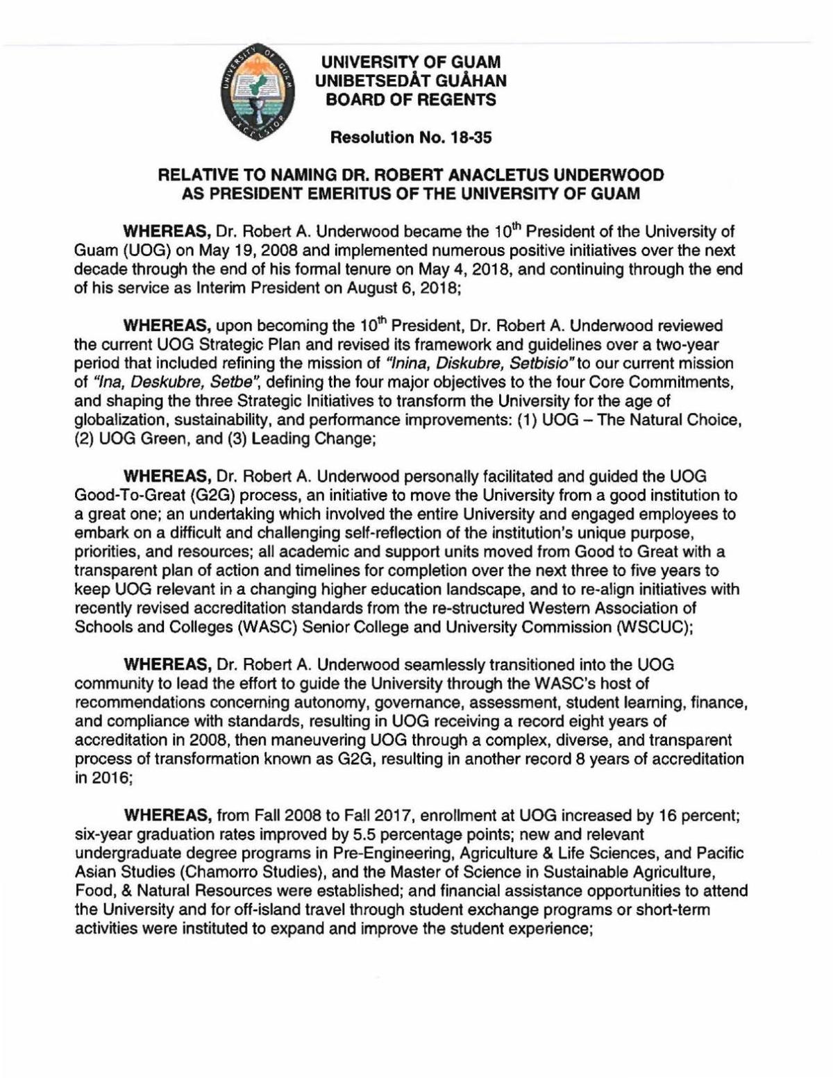 University Of Guam Board Of Regents Resolution No 18 35 Guam News Postguam Com